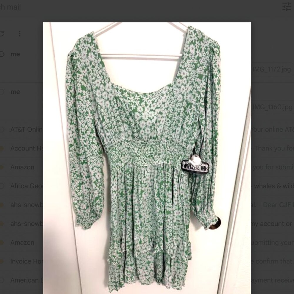 Angie NWT Large Light Green Dress with White Daisy Flowers Long Sleeved Ruffle
